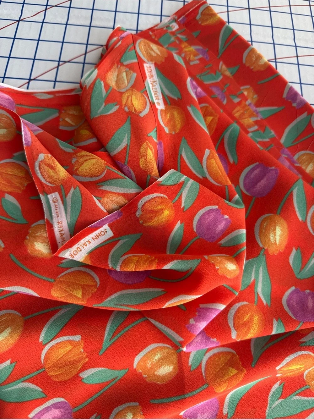 Vintage John Kaldor Fabric 3 Yds Tulip Floral Orange/Red Crepe Semi Sheer 44”